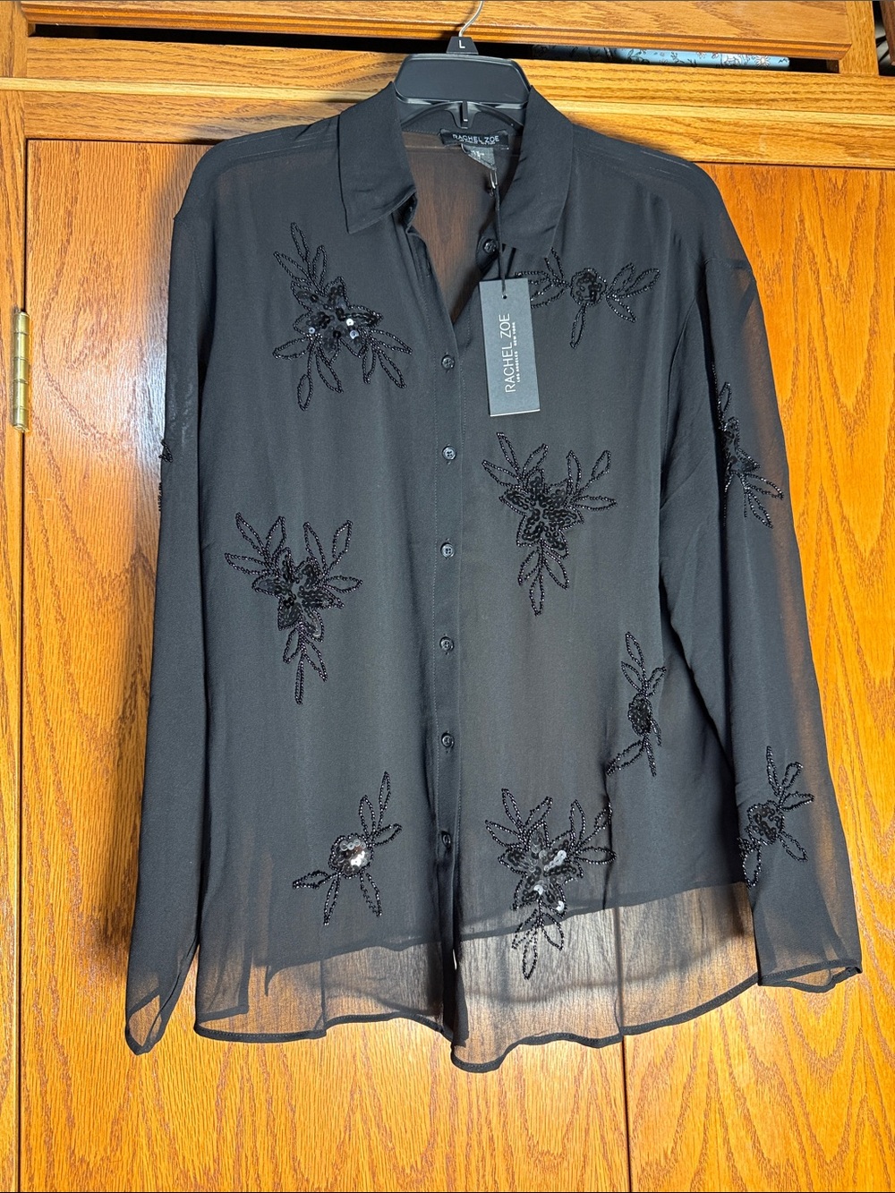 Rachel Zoe Black Sheer Beaded Floral Shirt Jacket